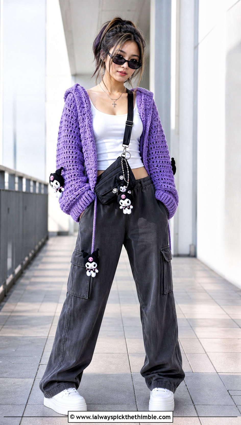 Hooded Crochet Cardigan With Cargo Pants - 20 kawaii crochet cardigan outfit ideas