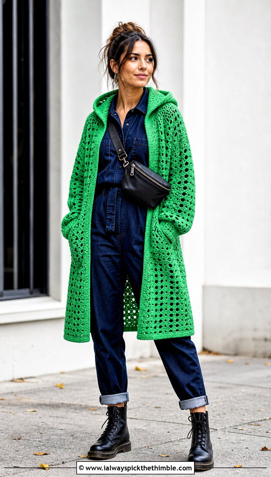 Hooded Crochet Cardigan With Denim Jumpsuit - 15 Couch Crochet Cardigan outfit ideas