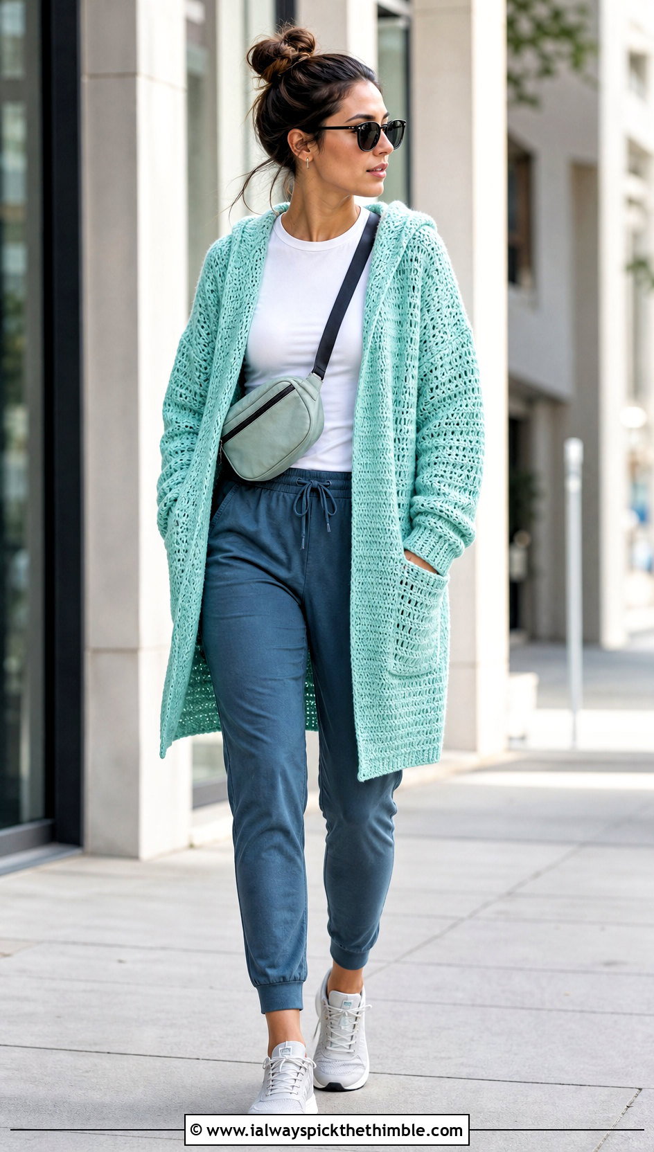 Hooded Crochet Cardigan With Joggers And Sneakers - 20 cute crochet cardigans outfit ideas