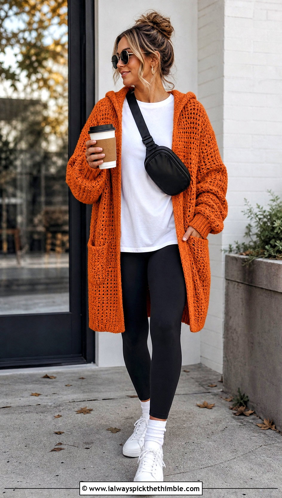 Hooded Crochet Cardigan With Leggings And Sneakers - 15 Autumn Crochet Cardigan Style outfit ideas