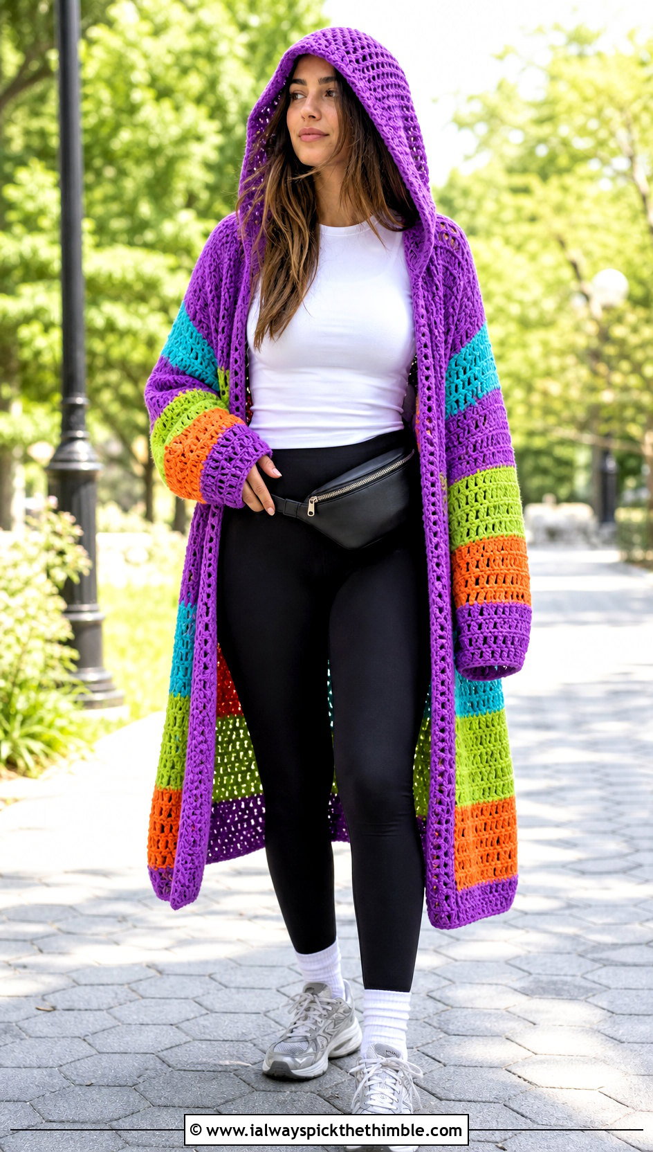 Hooded Crochet Cardigan With Leggings - 20 Crochet Colourful Cardigan outfit ideas