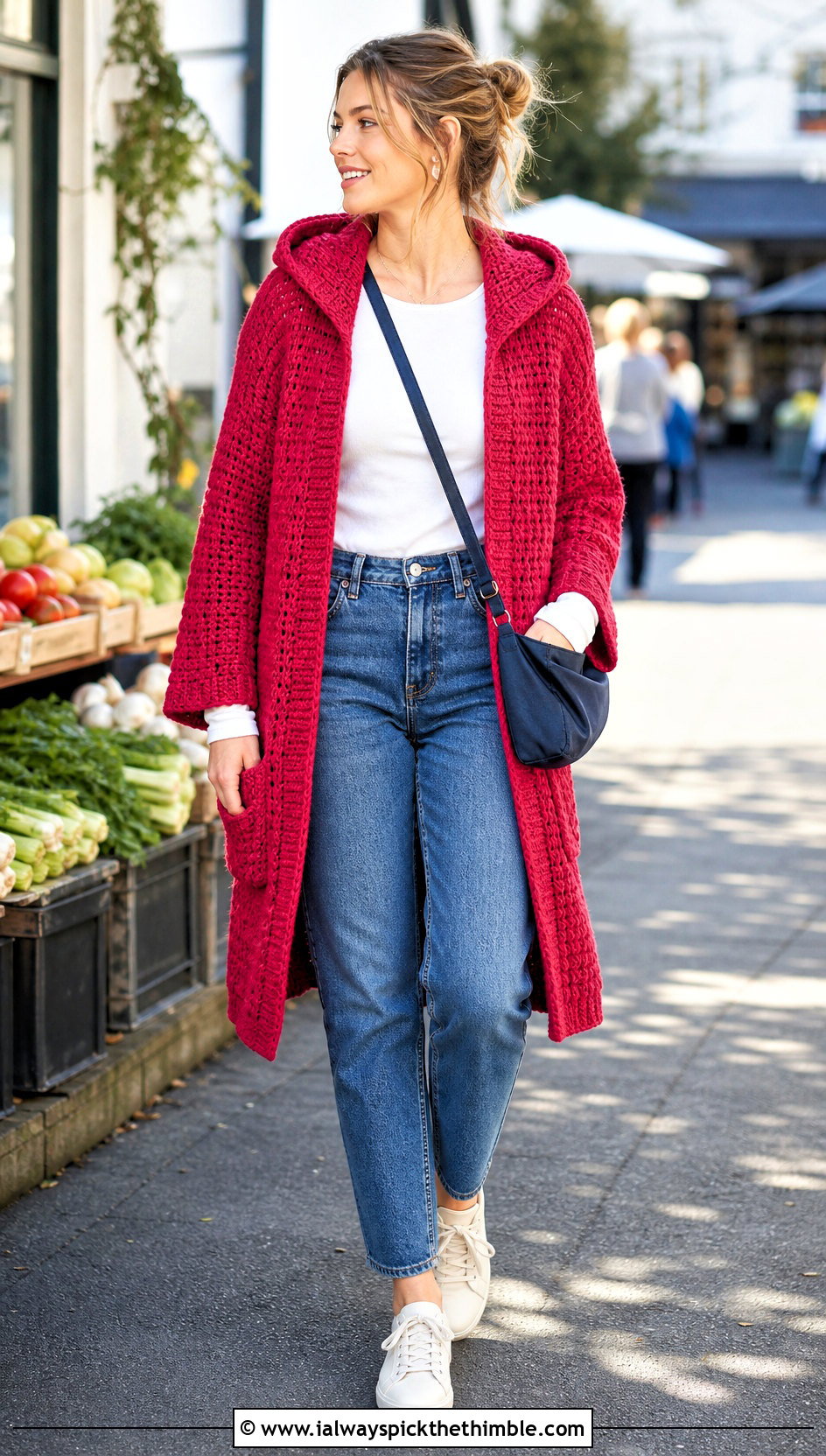 Hooded Crochet Cardigan With Mom Jeans - 20 fast crochet cardigan outfit ideas