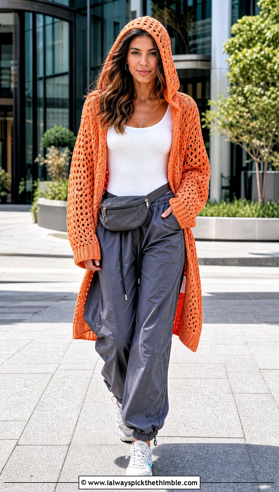 Hooded Crochet Cardigan With Parachute Pants - 25 easy crochet cardigan outfit ideas