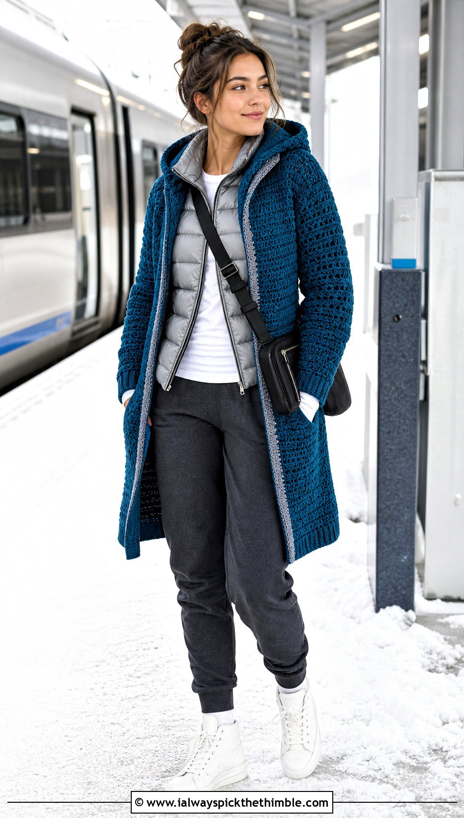 Hooded Crochet Cardigan With Puffer Vest And Joggers - 20 crochet apparel and outfit ideas