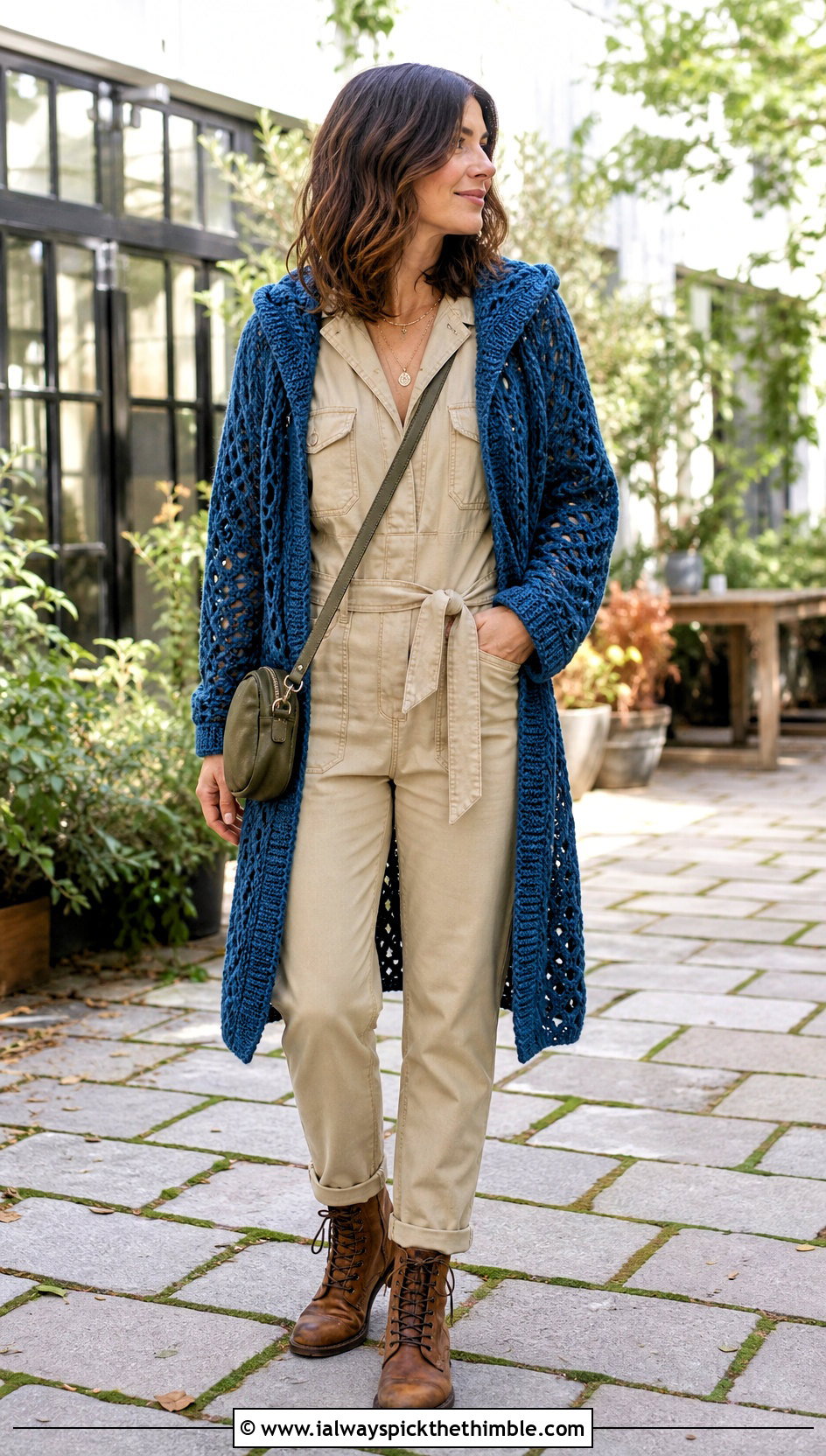 Hooded Crochet Cardigan With Utility Jumpsuit - 25 crochet cardigan women outfit ideas