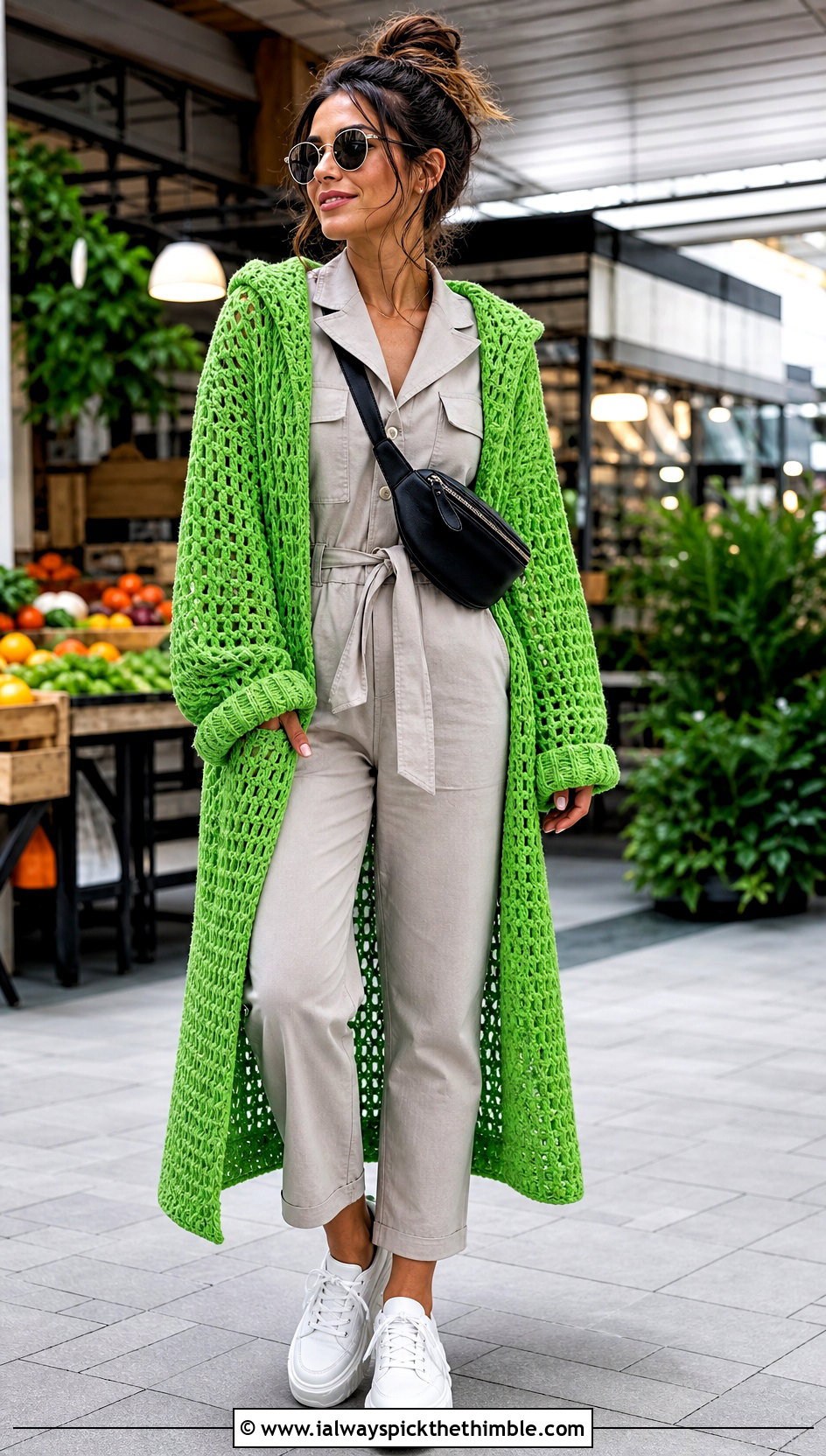 Hooded Crochet Cardigan With Utility Jumpsuit - 20 bohemian crochet cardigan outfit ideas