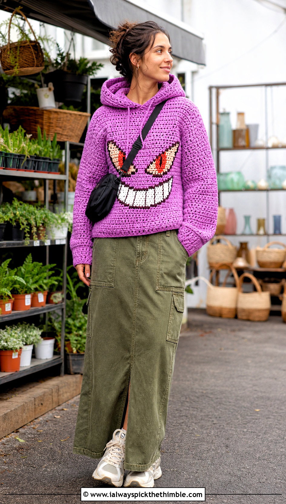 Hooded Crochet Character Sweater With Utility Skirt - 20 Crochet Character Sweater outfit ideas