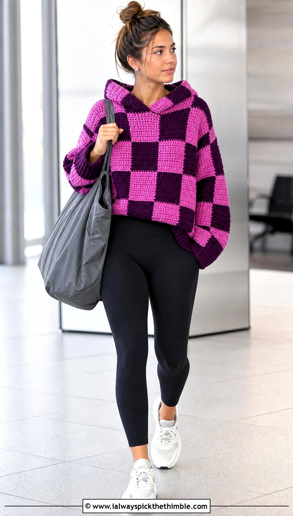 Hooded Crochet Checker Sweater With Leggings - 20 Crochet Checker Sweater outfit ideas