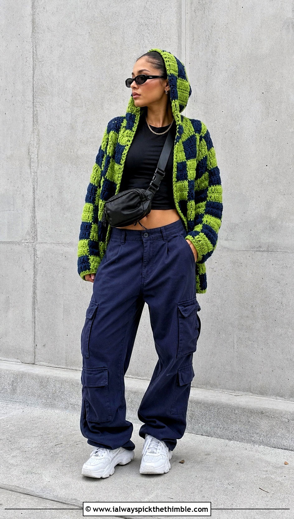 Hooded Crochet Checkered Cardigan With Cargo Pants - 25 crochet checkered cardigan outfit ideas