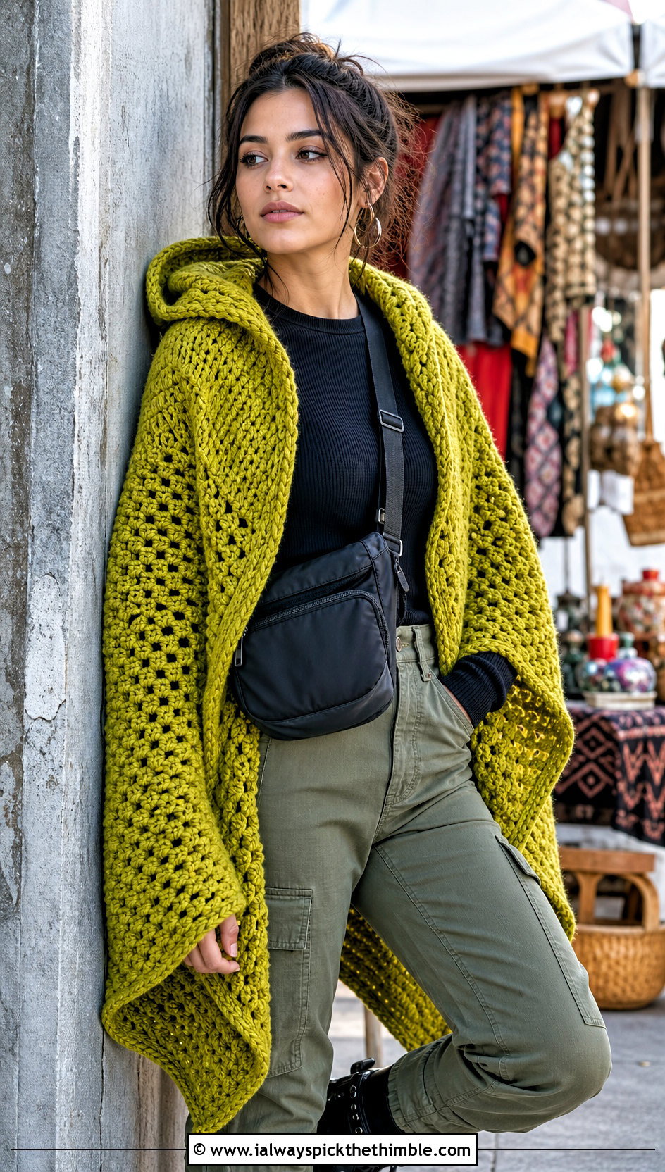 Hooded Crochet Chunky Shawl With Utility Pants - 20 Crochet Chunky Shawl outfit ideas