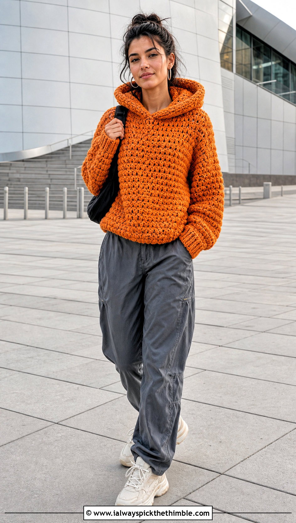Hooded Crochet Chunky Sweater With Parachute Pants And Sneakers - 25 crochet chunky sweater outfit ideas