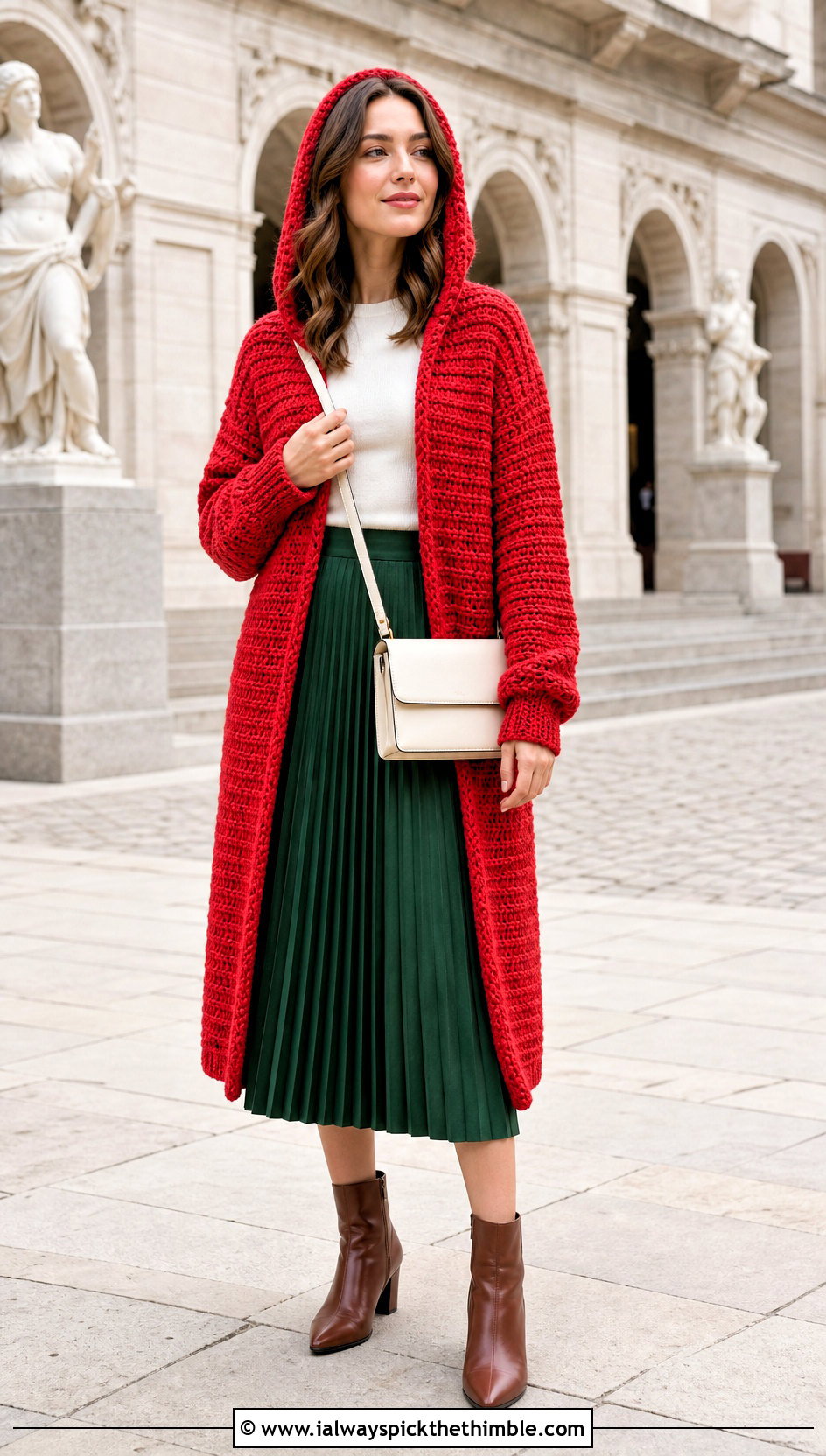 Hooded Crochet Coat Cardigan With Pleated Midi Skirt - 20 crochet long hooded cardigan outfit ideas