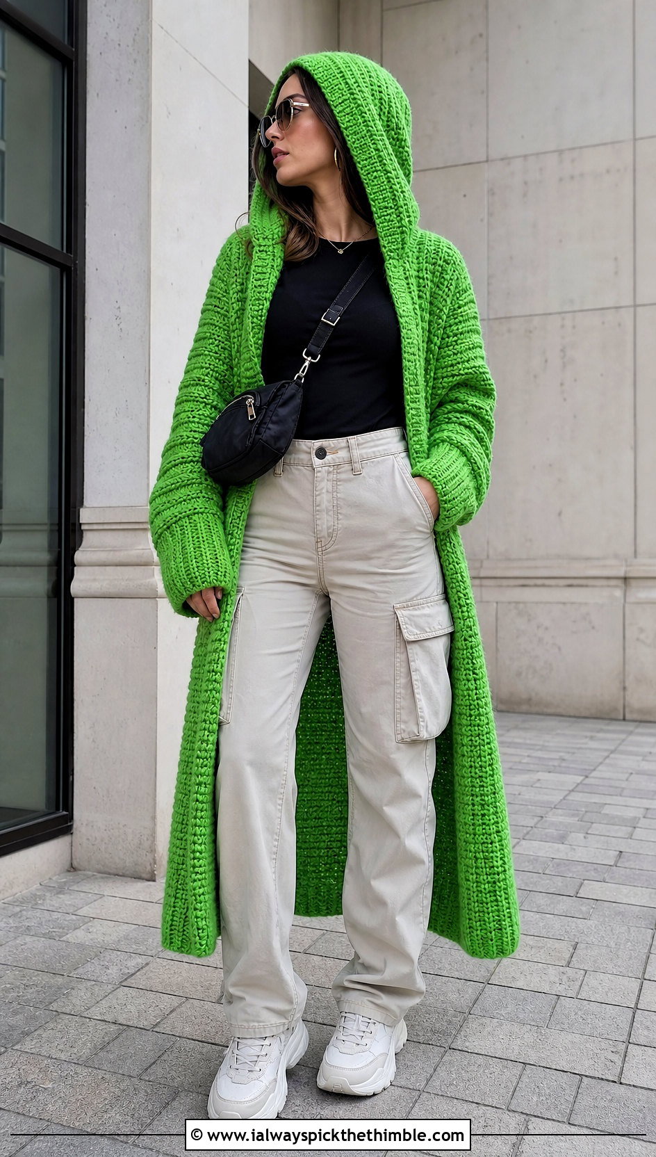 Hooded Crochet Coat With Cargo Pants - 25 crochet coats outfit ideas