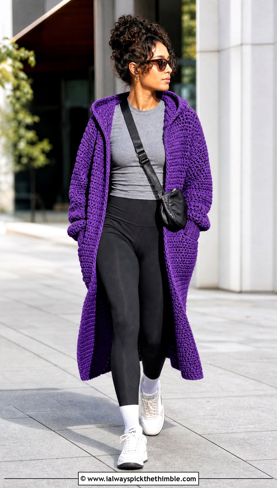 Hooded Crochet Coat With Leggings And Sneakers - 20 crochet coat ideas