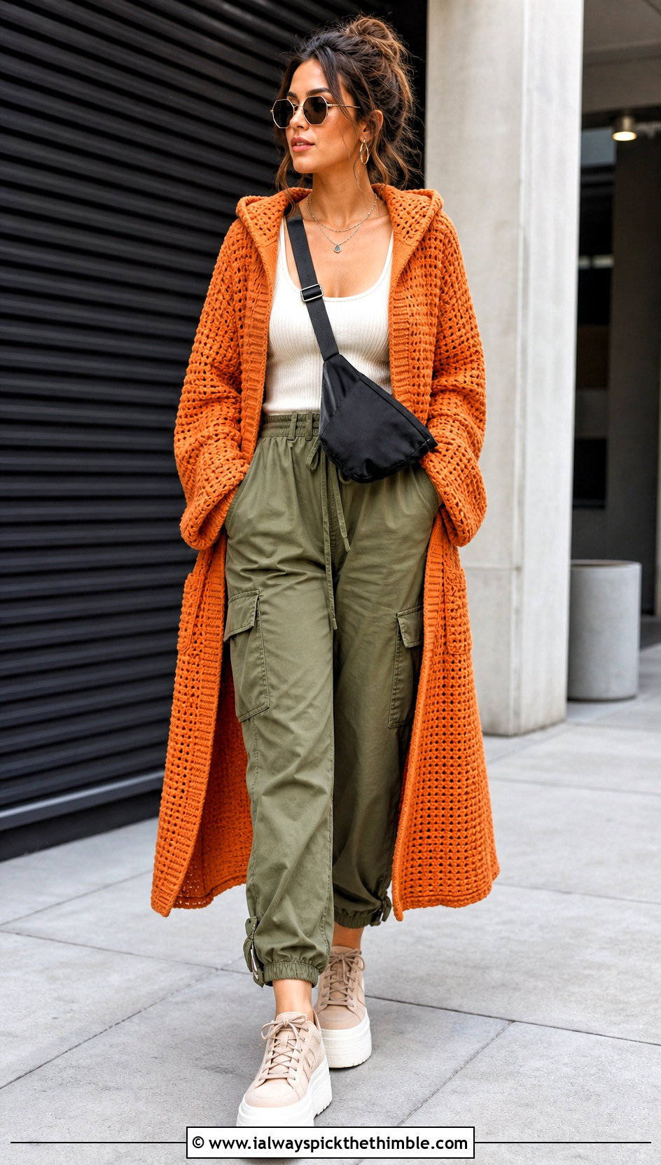 Hooded Crochet Coatigan With Cargo Pants - 20 Crochet Cardigan For Women Sweater Coats outfit ideas