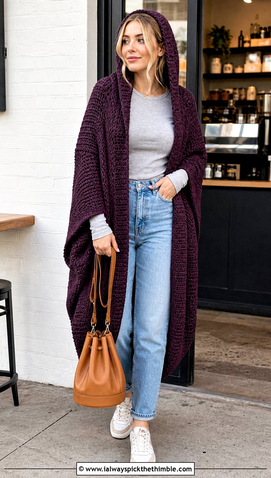 Hooded Crochet Cocoon Blanket With Mom Jeans - 20 crochet blanket hoodie outfit ideas