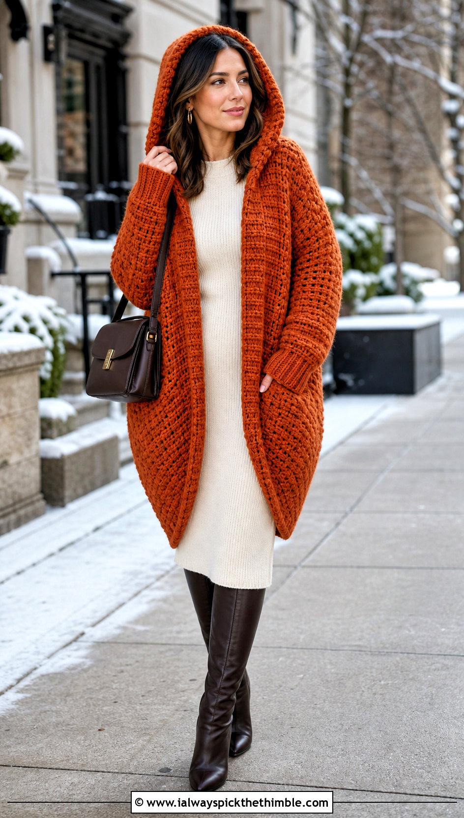 Hooded Crochet Cocoon Cardigan With Sweater Dress - 15 Easy Crochet Cocoon Cardigan outfit ideas