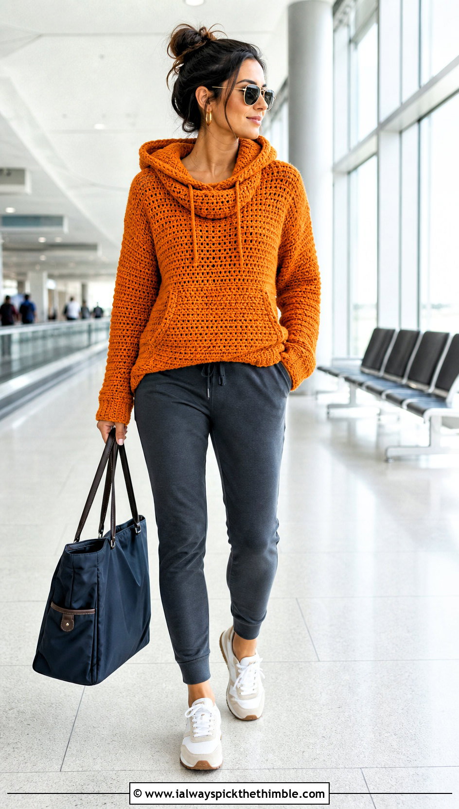 Hooded Crochet Cowl Neck Sweater With Joggers - 20 Crochet Cowl Neck Sweater outfit ideas