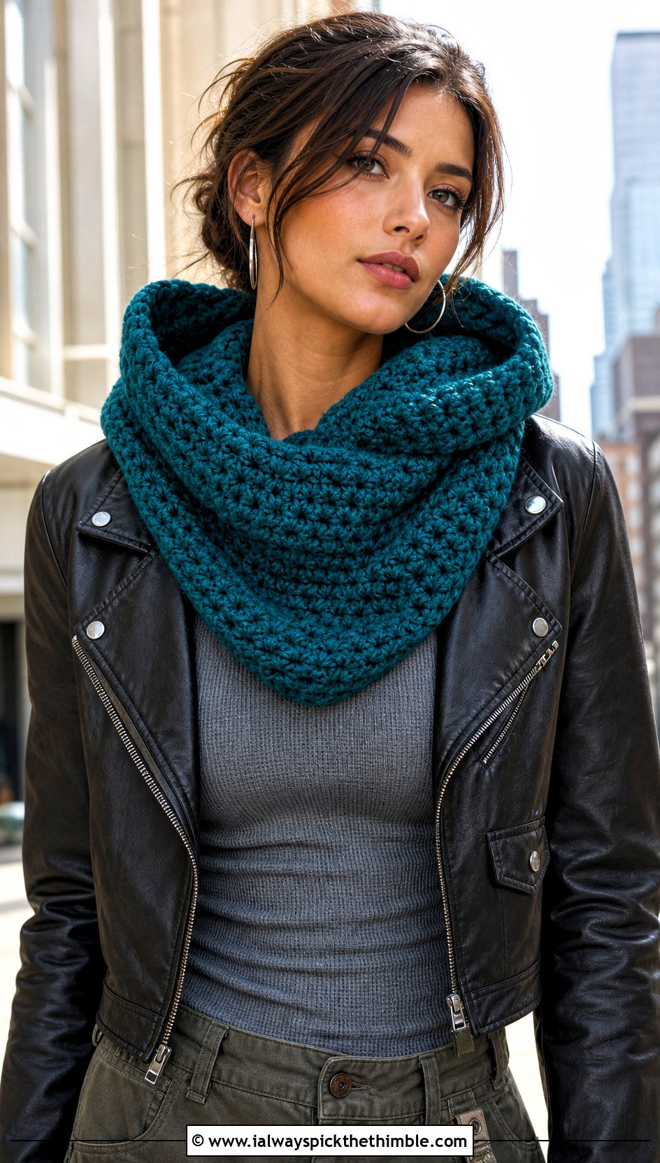 Hooded Crochet Cowl Scarf With Leather Jacket - 25 crochet cowell scarf outfit ideas