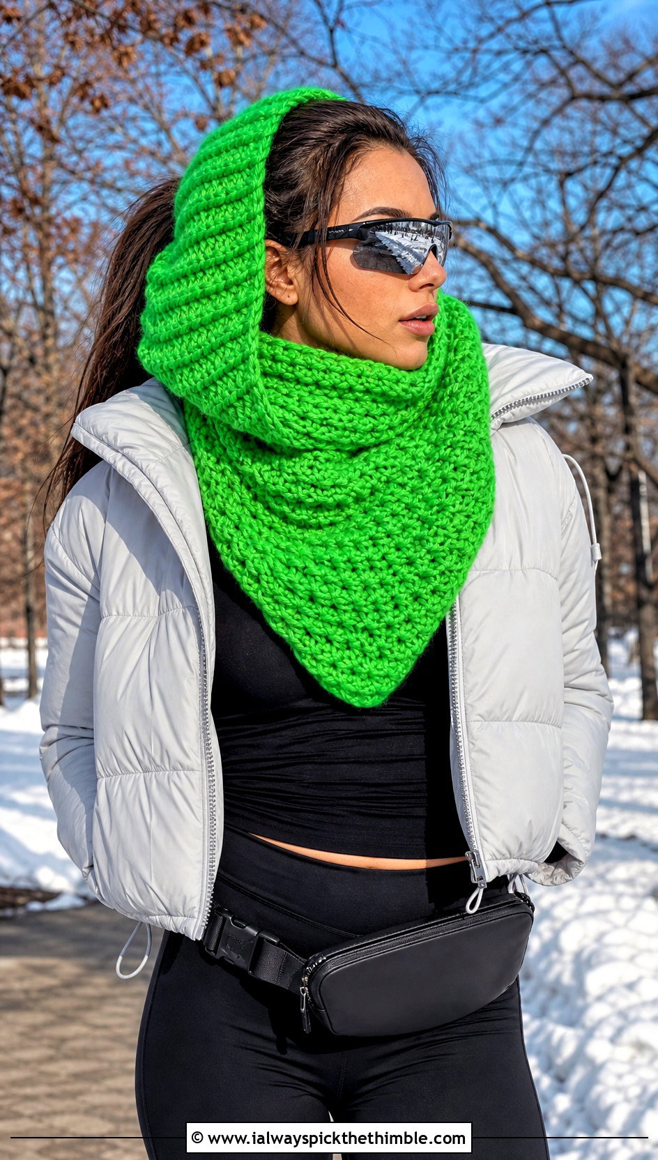 Hooded Crochet Cowl Shawl With Puffer Jacket - 20 crochet cowl shawl outfit ideas