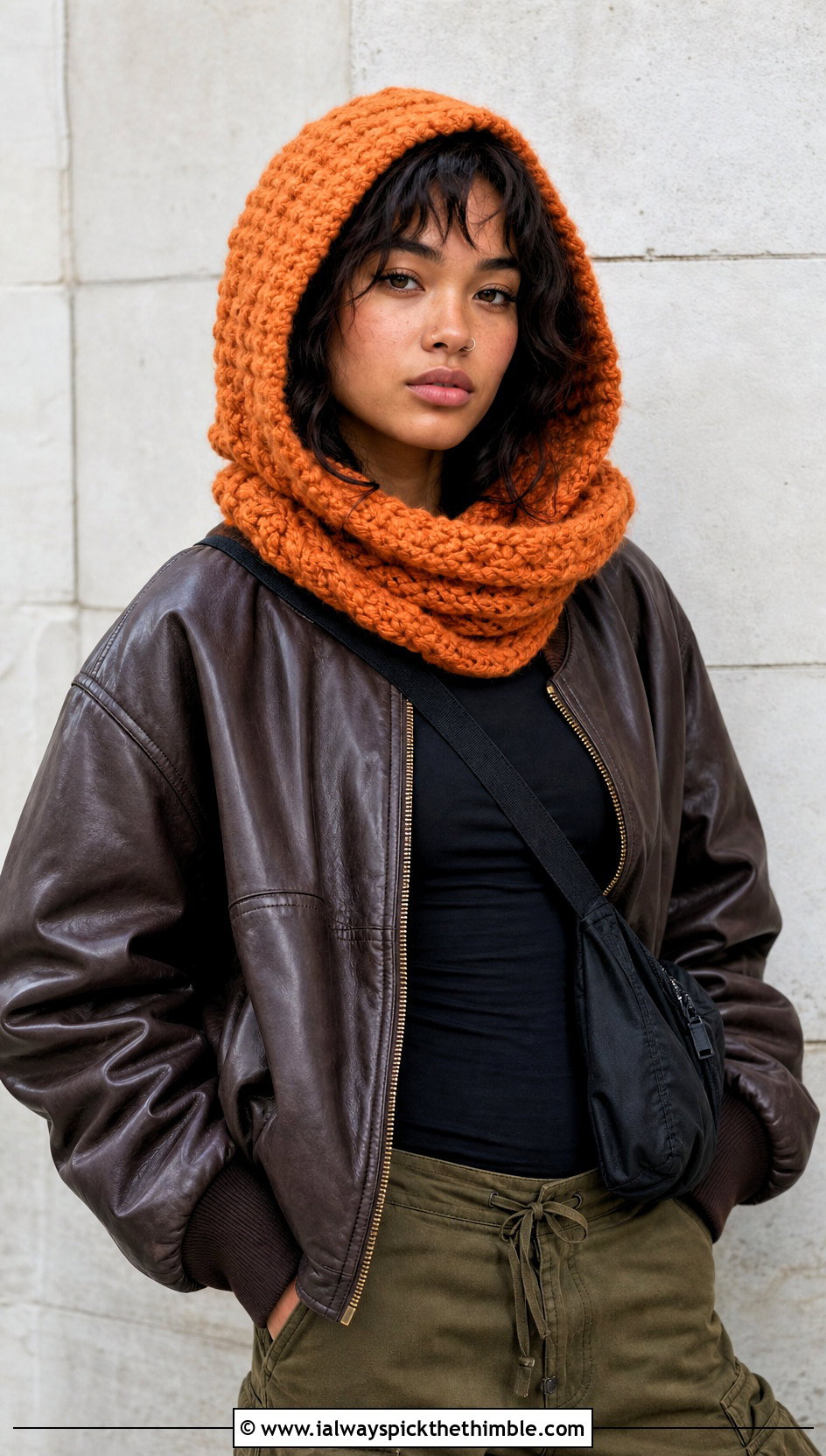 Hooded Crochet Cowl With Leather Bomber Jacket - 20 cowl crochet scarf outfit ideas