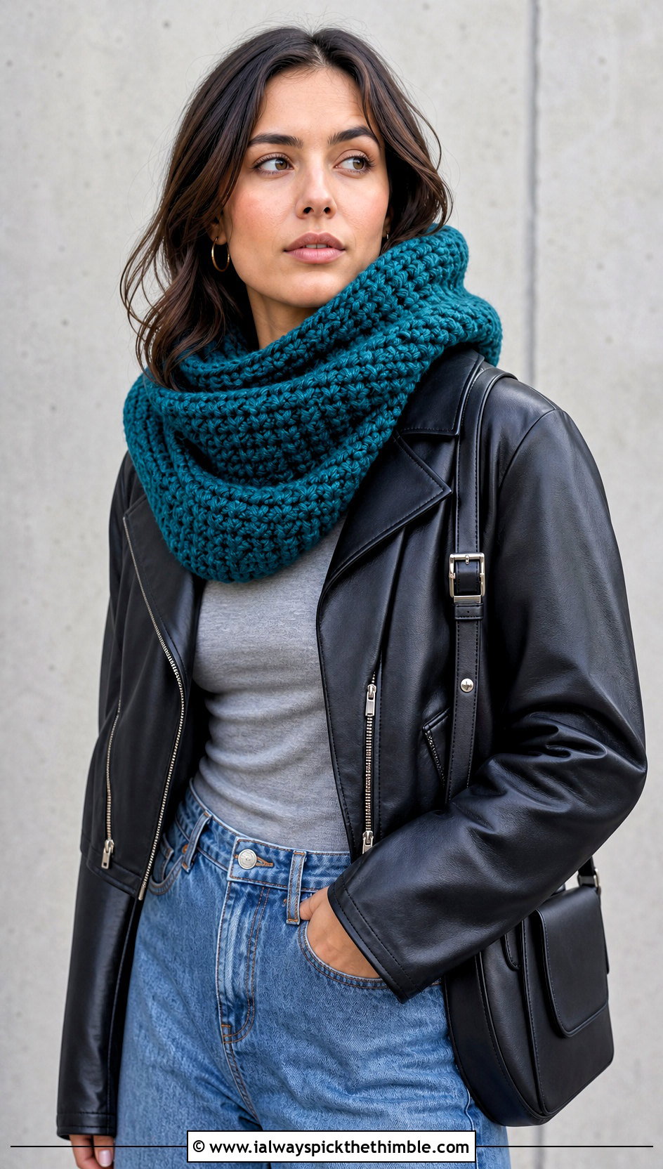 Hooded Crochet Cowl With Leather Jacket - 20 Simple Crochet Cowl outfit ideas