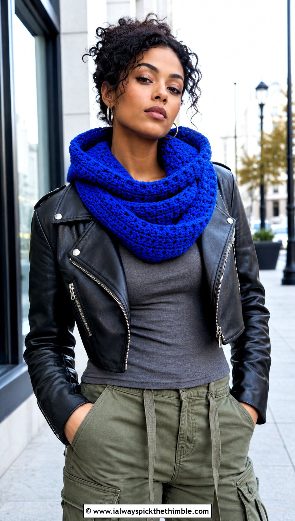 Hooded Crochet Cowl With Leather Jacket And Cargo Pants - 25 crochet neck warmer cowls outfit ideas