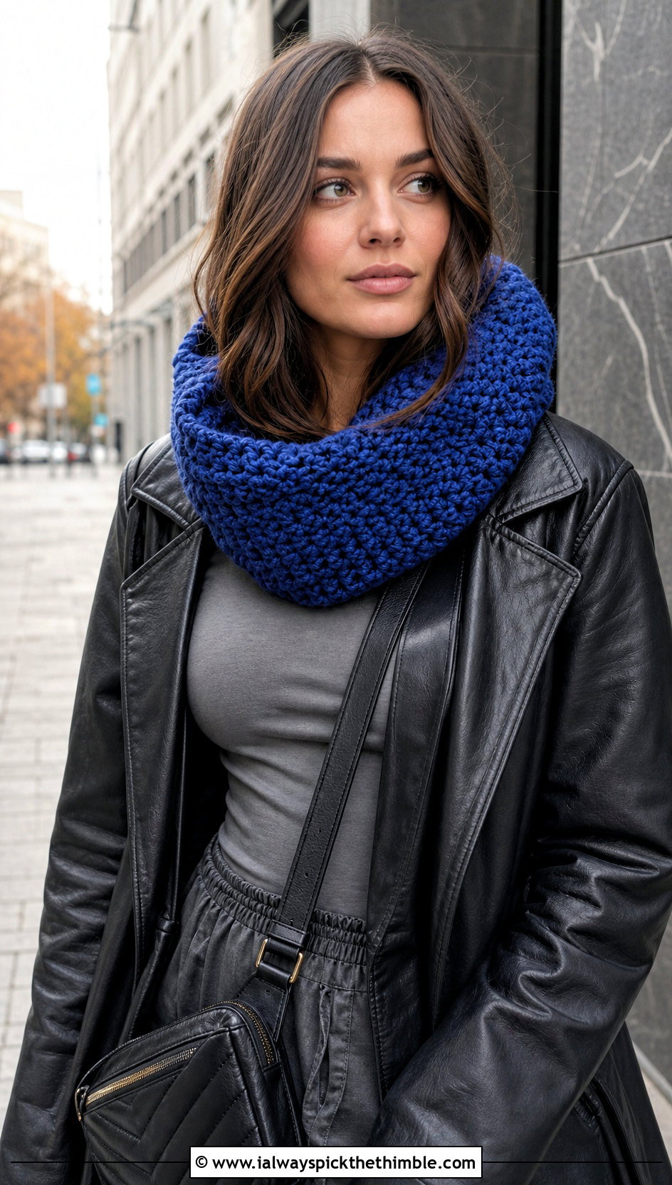 Hooded Crochet Cowl With Leather Jacket - 15 Crochet For Cowl Scarf outfit ideas