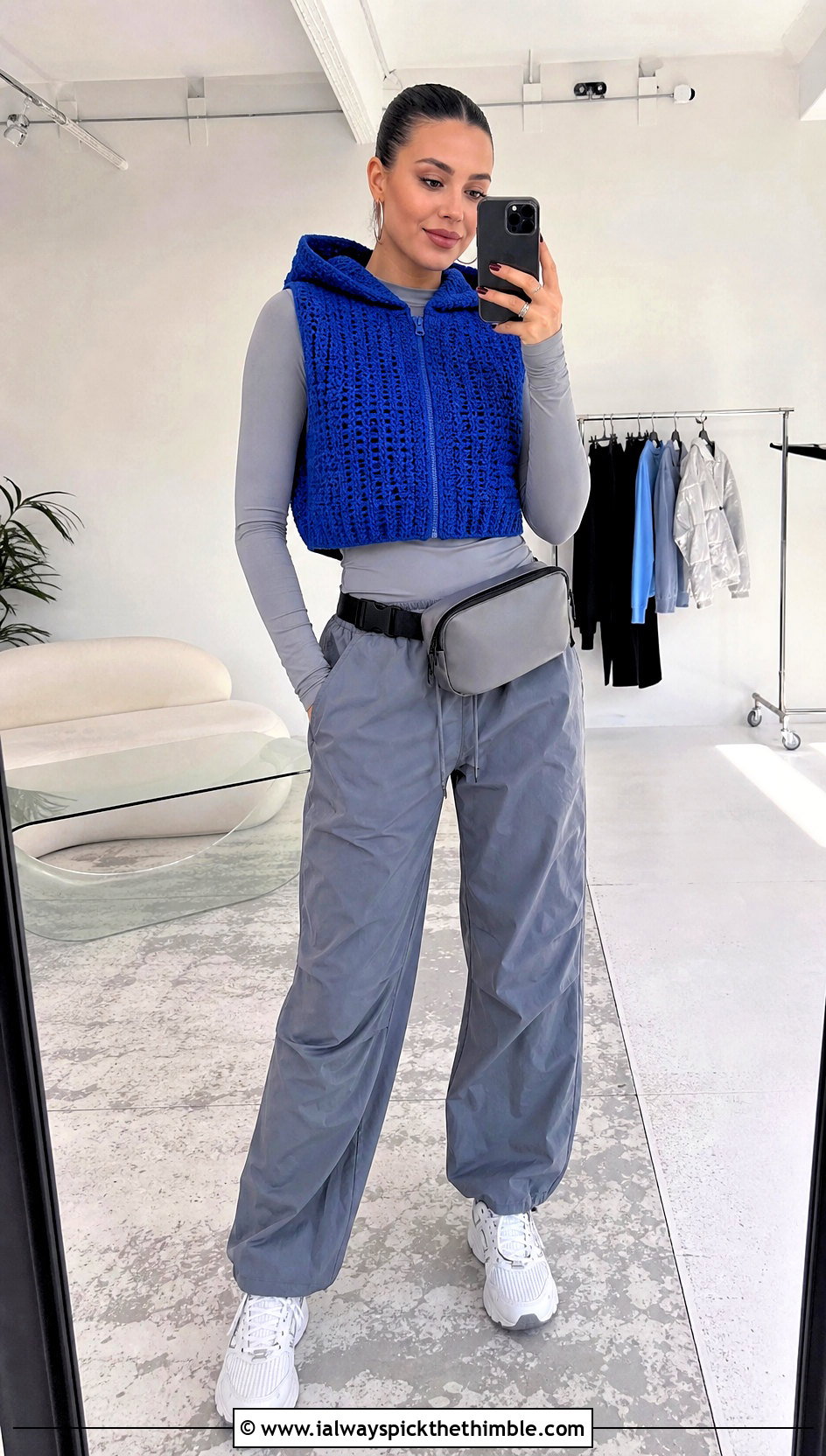 Hooded Crochet Cropped Vest With Parachute Pants - 15 crochet cropped vest outfit ideas