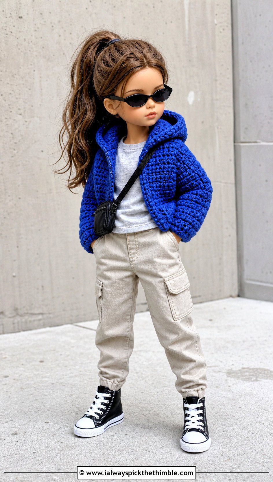 Hooded Crochet Doll Jacket With Cargo Pants - 20 crochet doll jacket outfit ideas