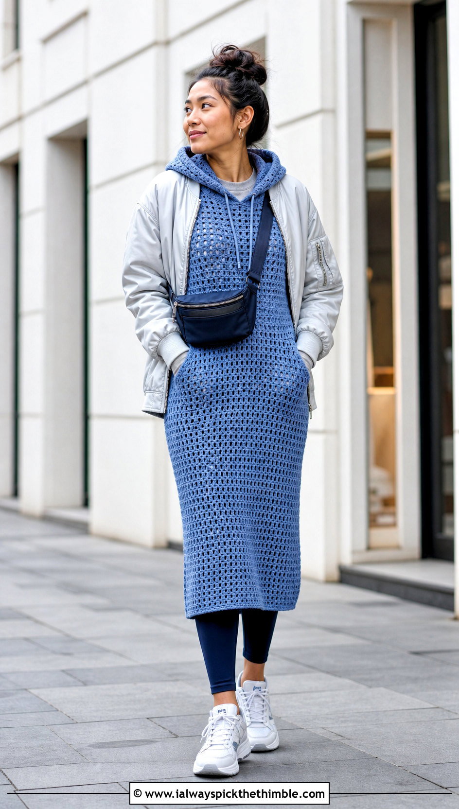 Hooded Crochet Dress With Bomber Jacket - 20 modest crochet dress outfit ideas