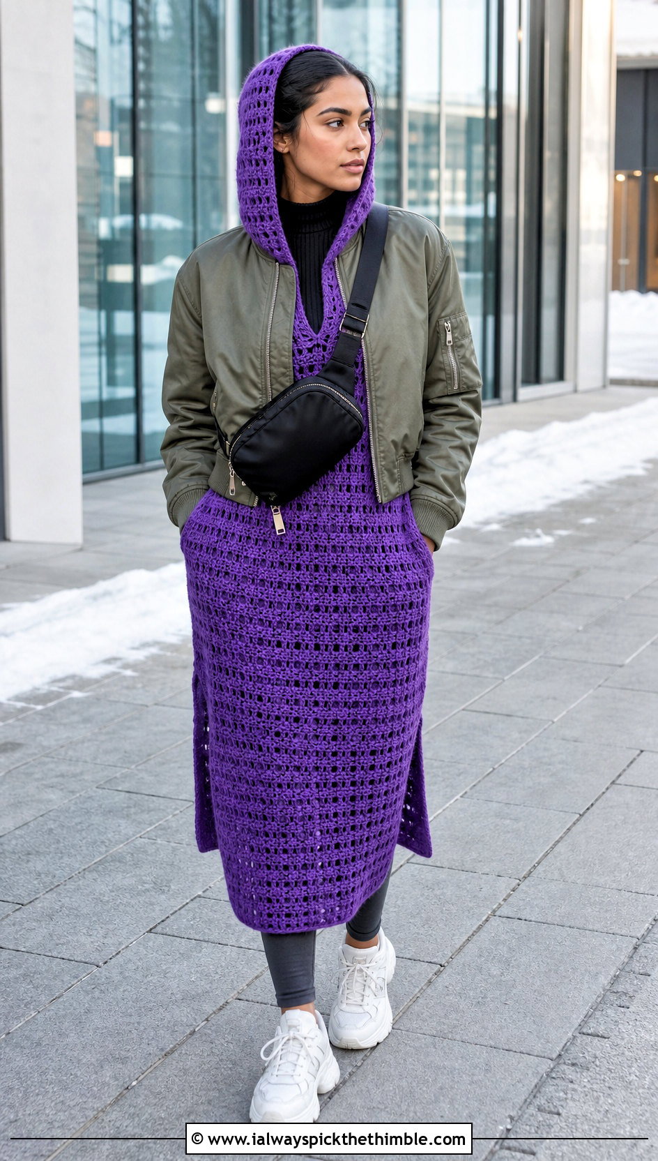 Hooded Crochet Dress With Bomber Jacket - 20 crochet dress for winter outfit ideas
