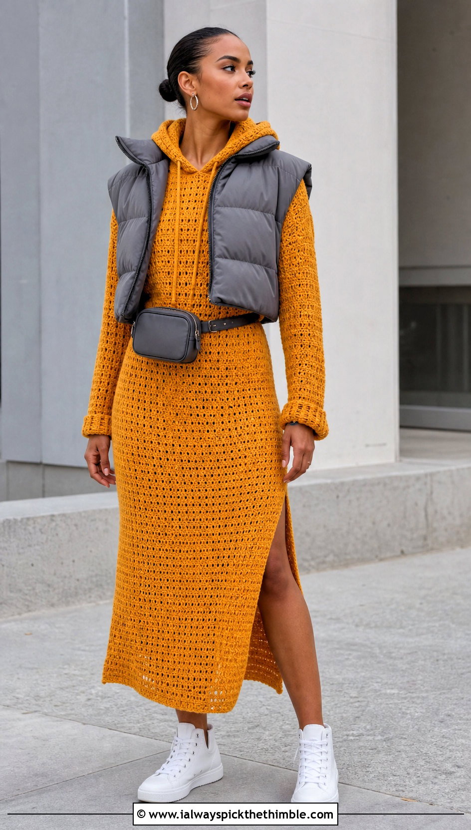 Hooded Crochet Dress With High Top Sneakers - 25 crochet dress inspo outfit ideas