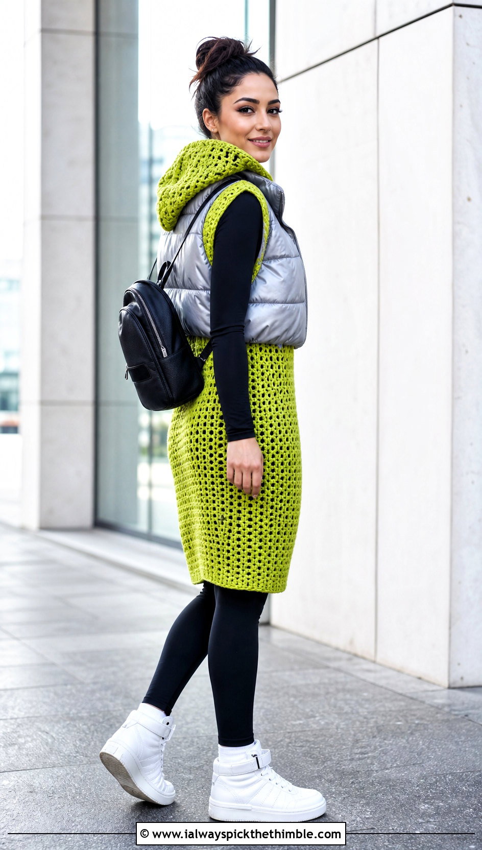 Hooded Crochet Dress With Leggings And High Top Sneakers - 25 Crocheting Dress outfit ideas