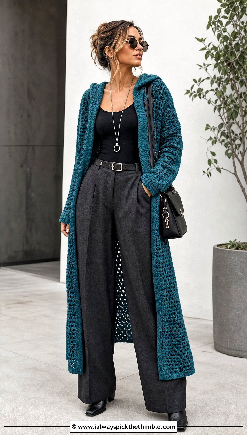 Hooded Crochet Duster Cardigan With Wide Leg Pants - 20 witchy crochet cardigan outfit ideas