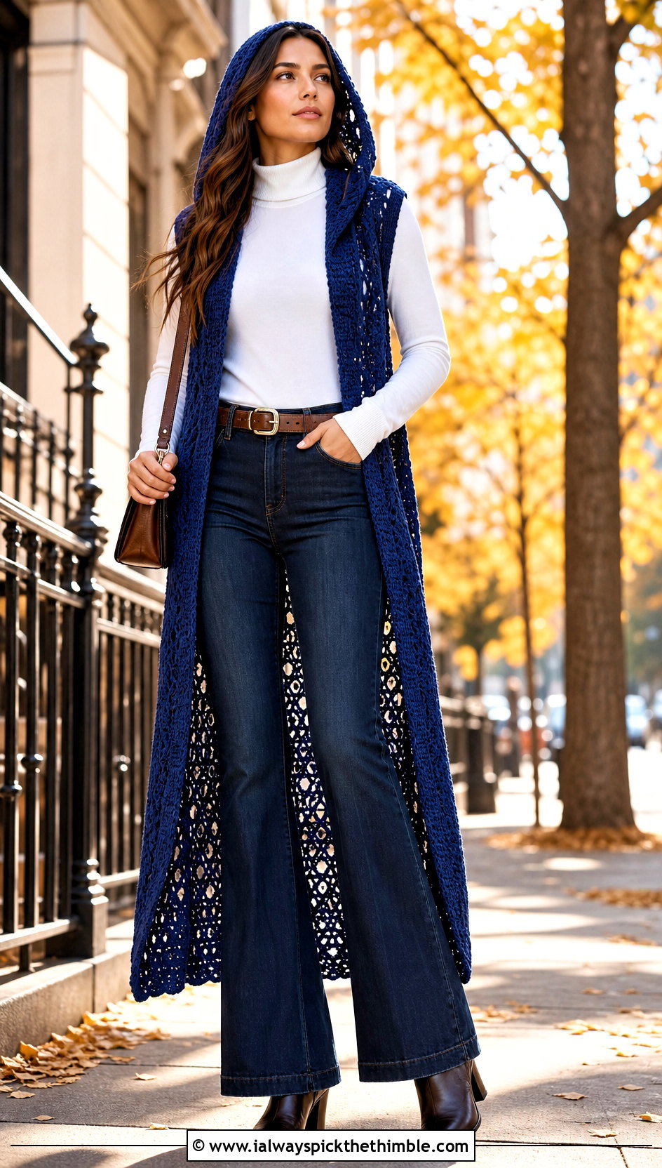 Hooded Crochet Duster Vest With Flared Jeans - 20 crochet vest with hood outfit ideas