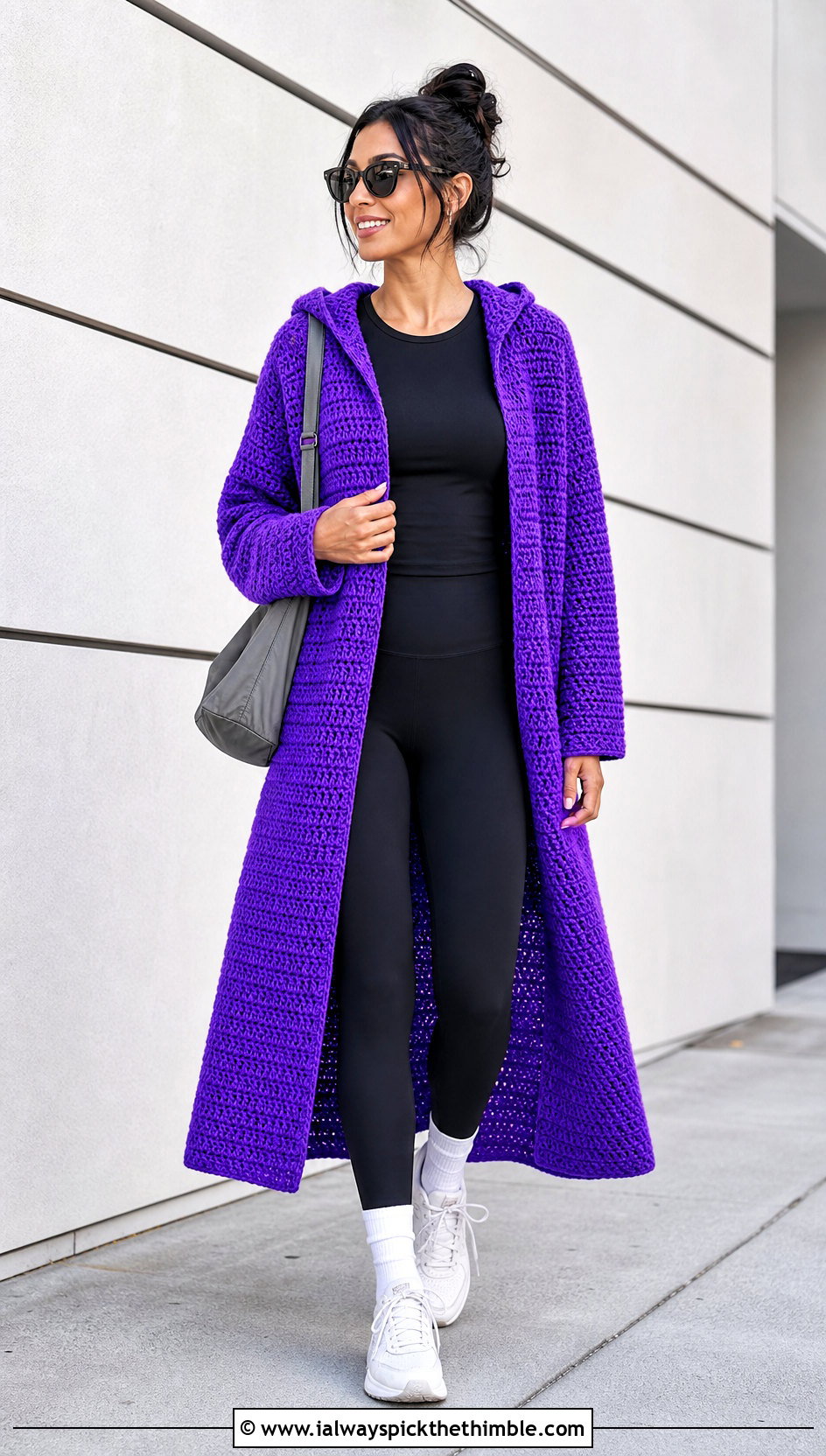 Hooded Crochet Duster With Leggings And Sneakers - 25 crochet long jacket outfit ideas