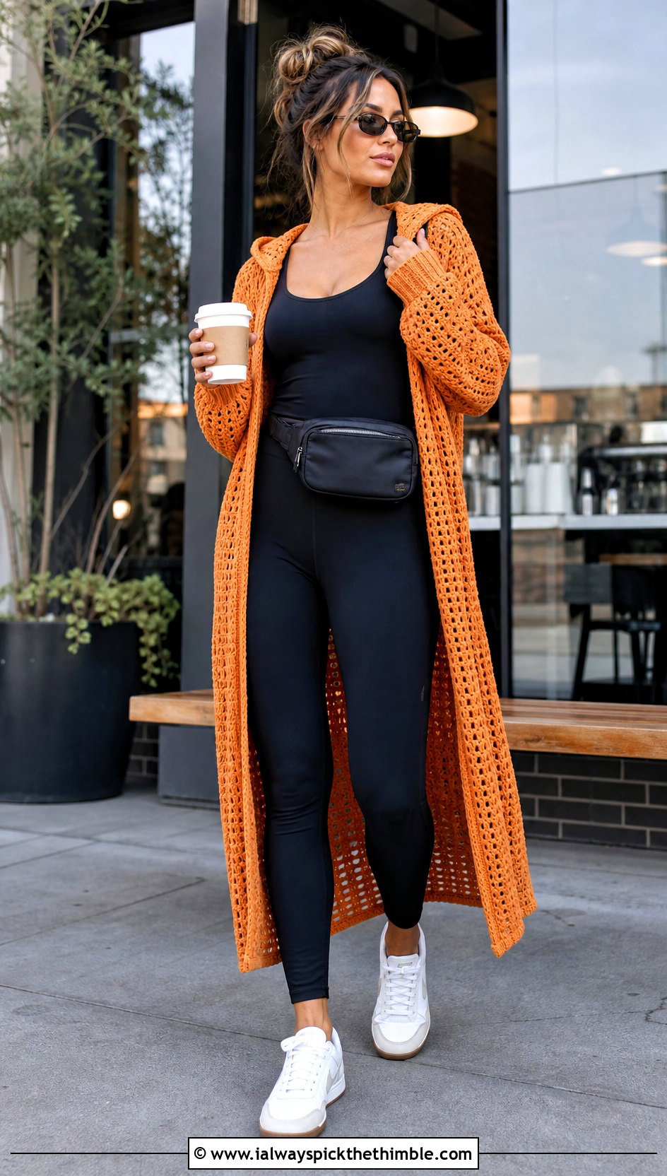 Hooded Crochet Duster With Leggings And Sneakers - 25 crochet long sweater outfit ideas