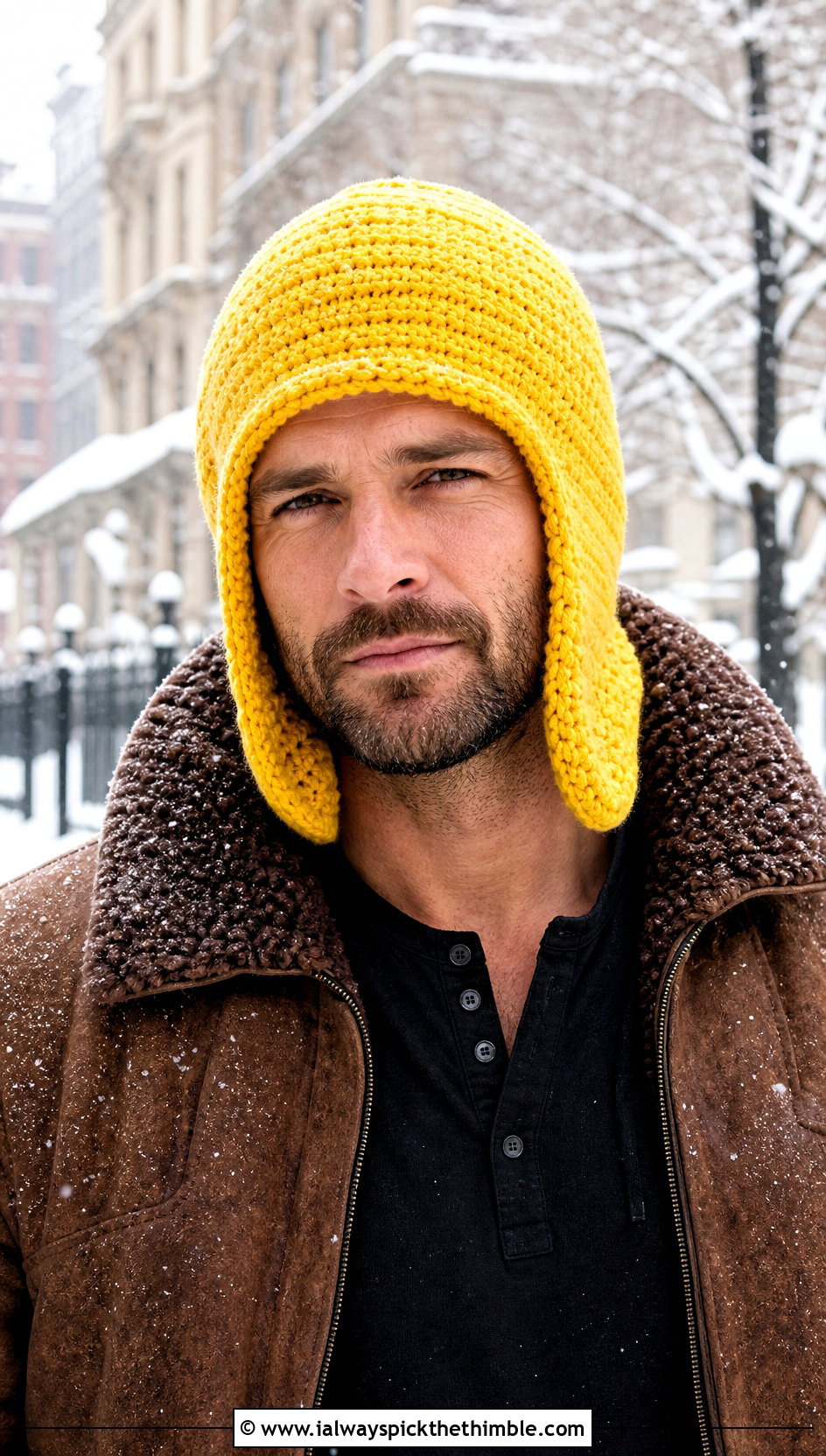 Hooded Crochet Earflap Hat With Shearling Jacket - 15 Mens Crochet Hat With Earflaps outfit ideas