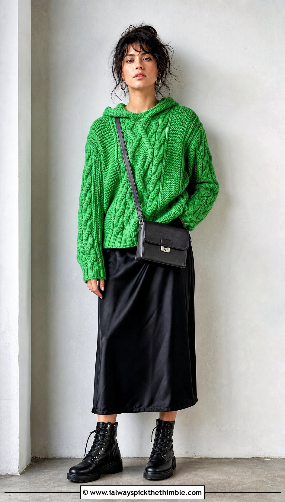 Hooded Crochet Fisherman Sweater Over A Slip Dress - 20 crochet fisherman sweater outfit ideas