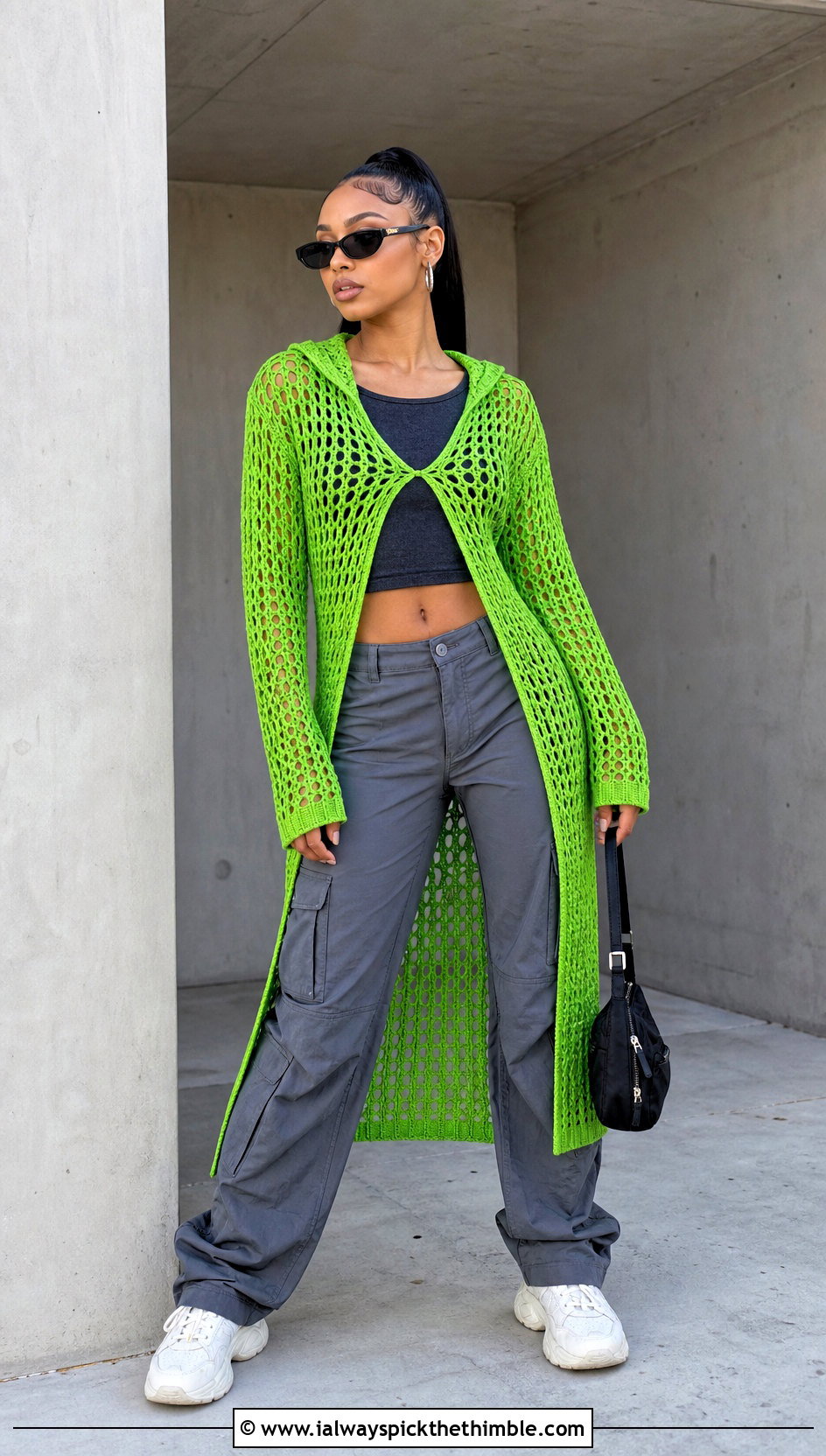 Hooded Crochet Fishnet Dress With Cargo Pants - 15 Crochet Fishnet Dress outfit ideas