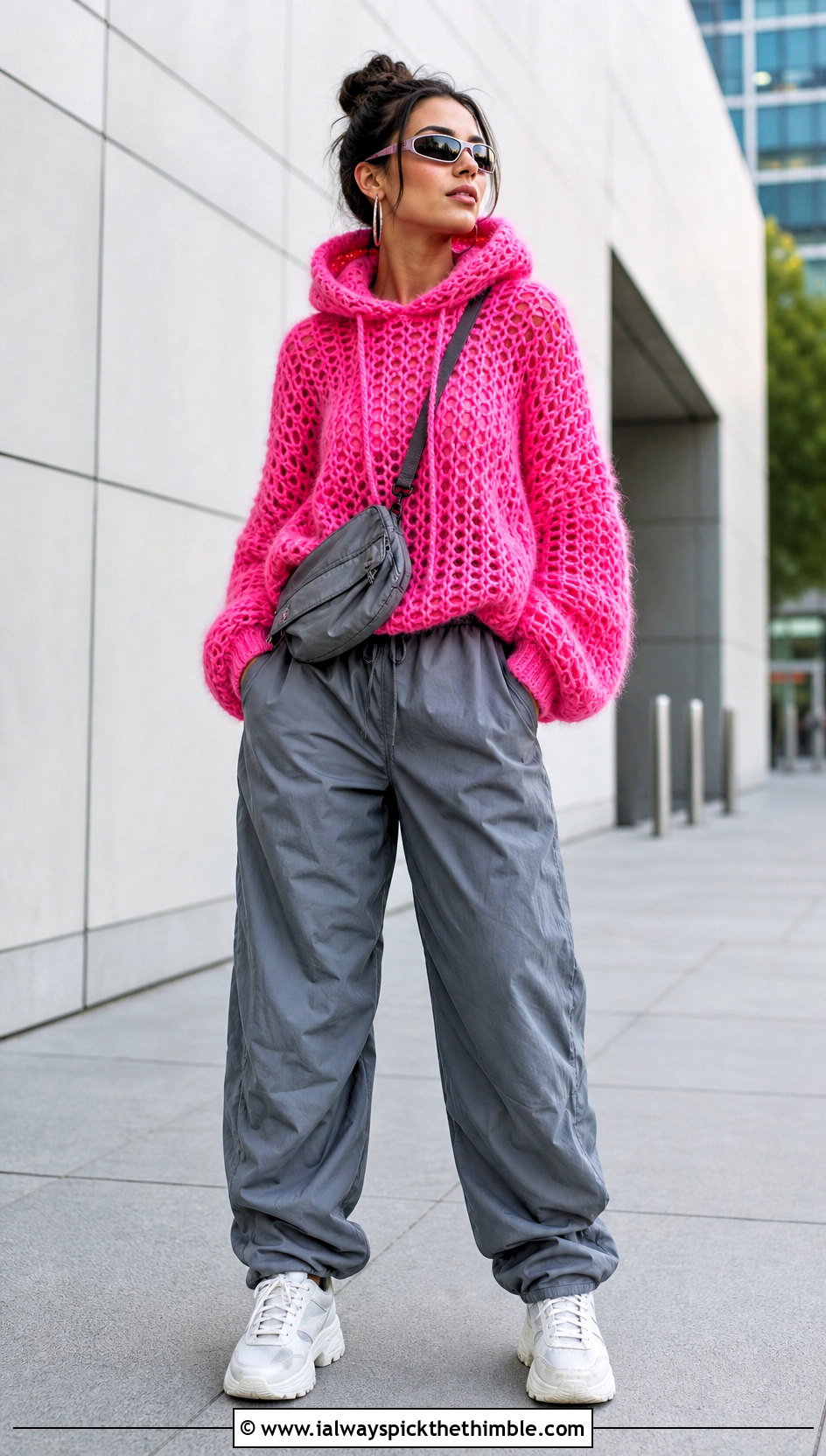 Hooded Crochet Fluffy Sweater With Parachute Pants - 25 crochet fluffy sweater outfit ideas