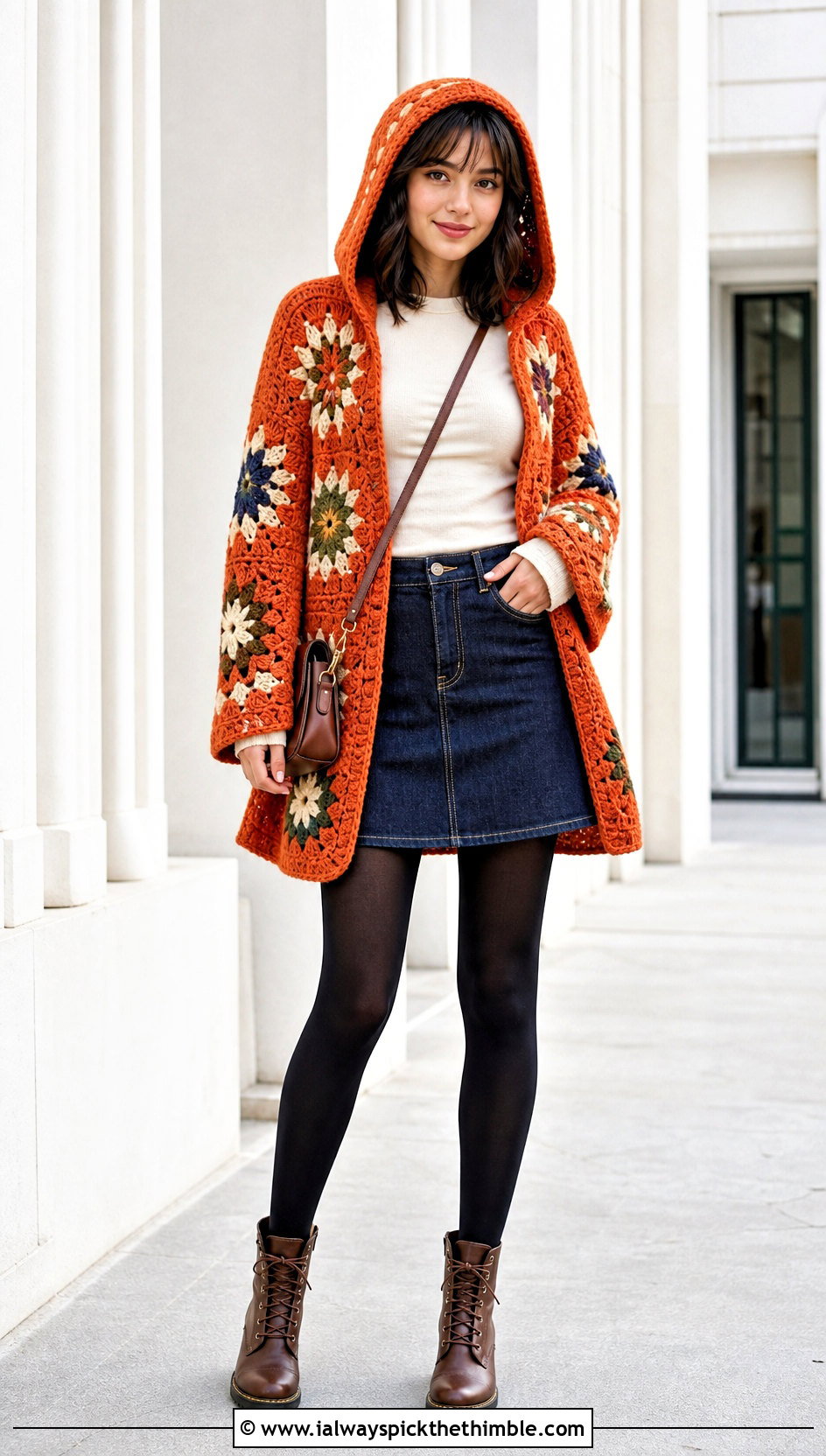 Hooded Crochet Folklore Cardigan With Denim Mini Skirt - 25 crochet folklore cardigan outfit ideas