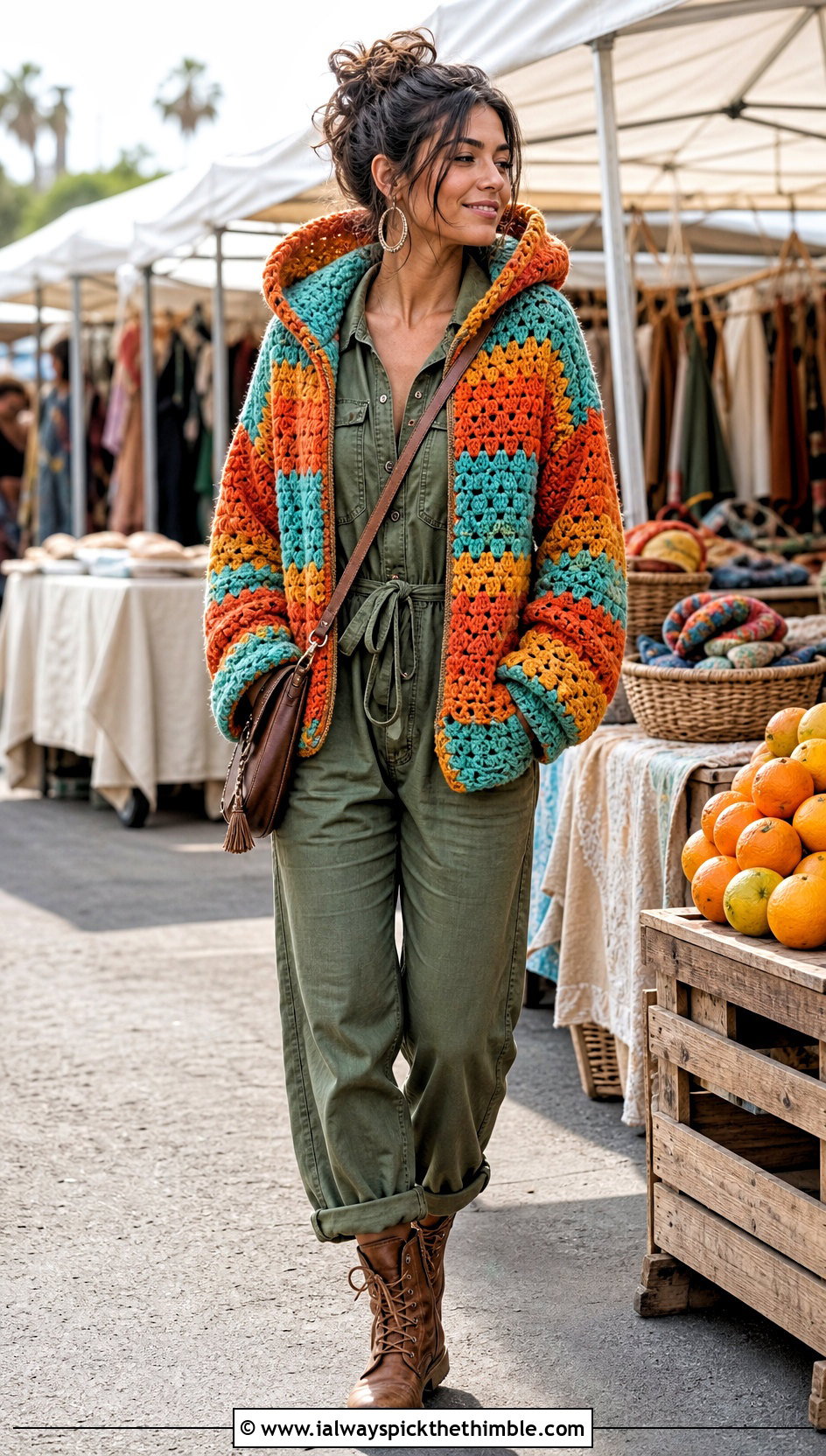 Hooded Crochet Granny Stripe Sweater With Utility Jumpsuit - 20 Crochet Granny Stripe Sweater outfit ideas