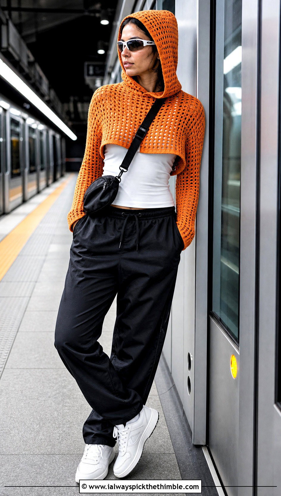 Hooded Crochet Half Top With Track Pants - 20 Crochet Long Sleeve Half Top outfit ideas
