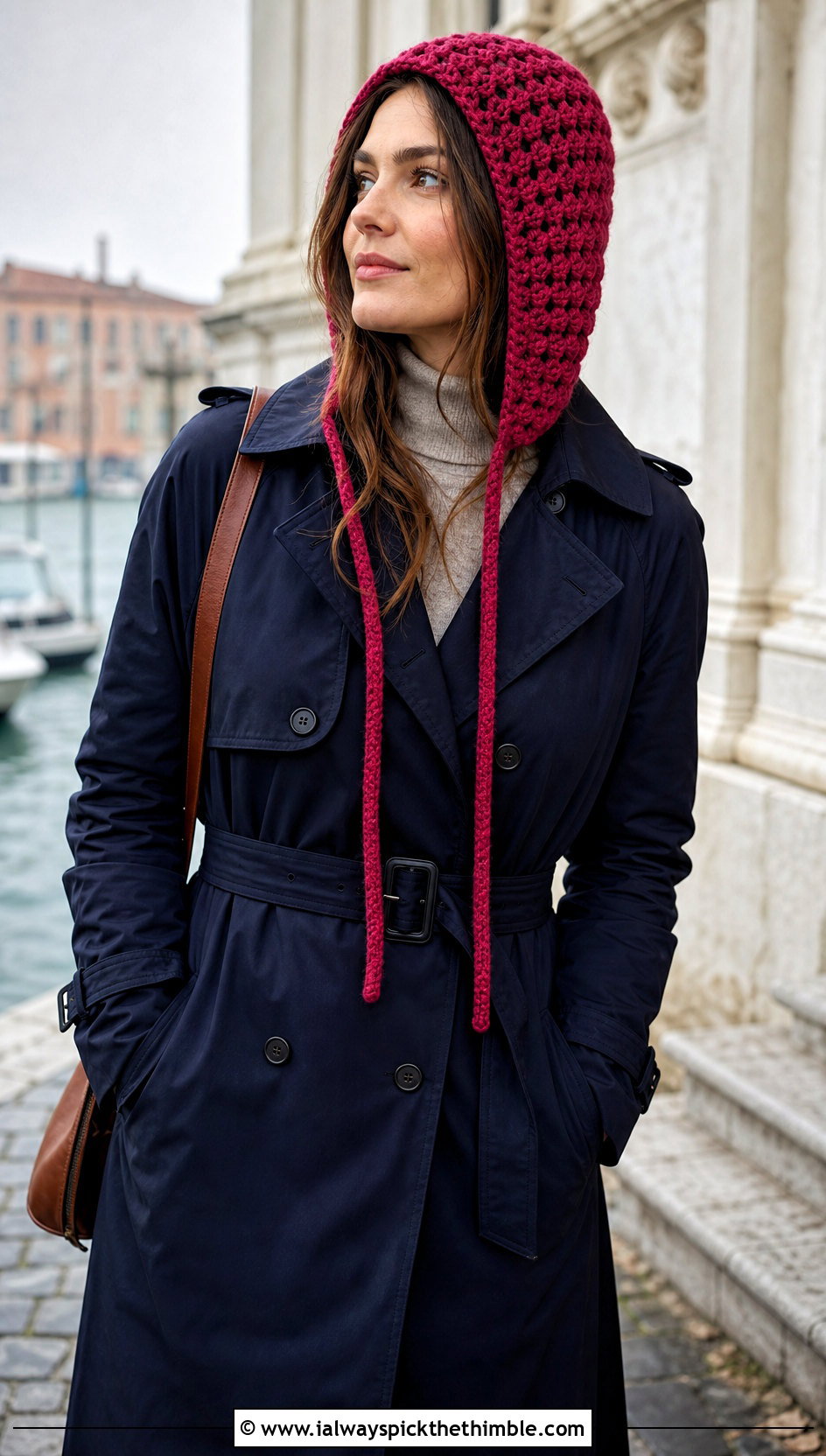 Hooded Crochet Hat With Trench Coat And Knit Pants - 25 crochet winter hats outfit ideas