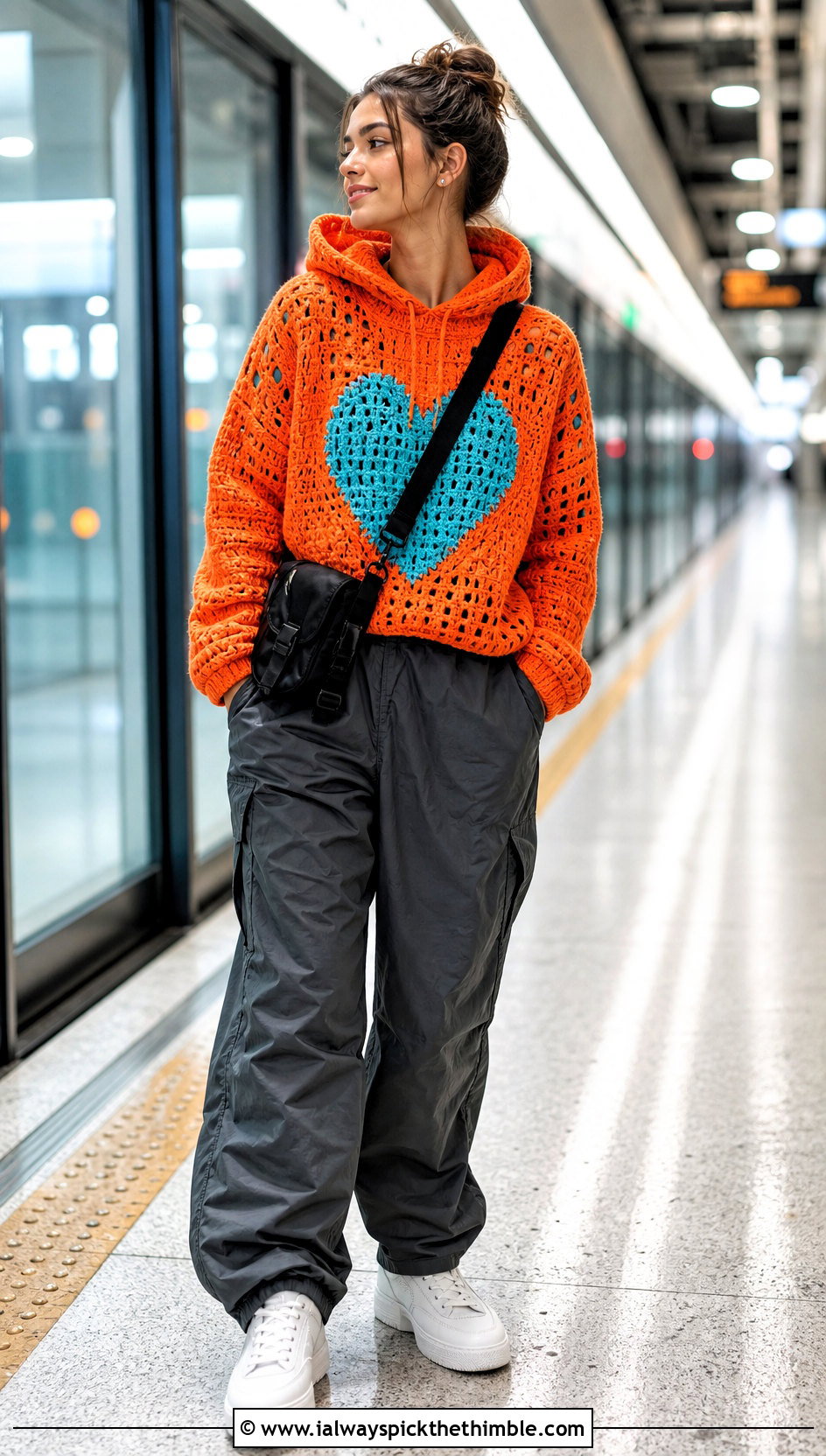 Hooded Crochet Heart Sweater With Parachute Pants - 25 crochet heart sweater outfit ideas