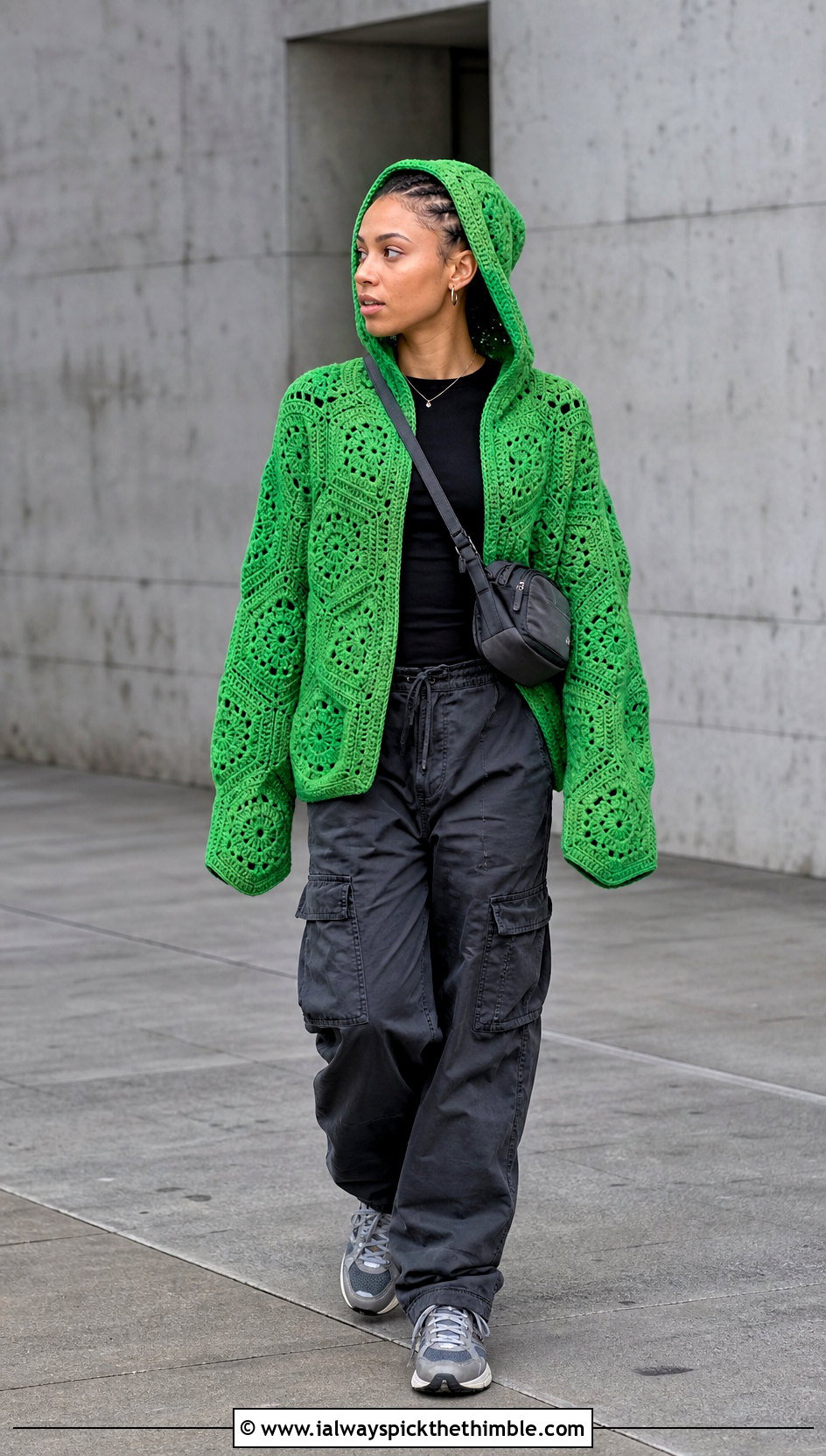 Hooded Crochet Hexagon Jumper With Cargo Pants - 20 crochet hexagon jumper outfit ideas