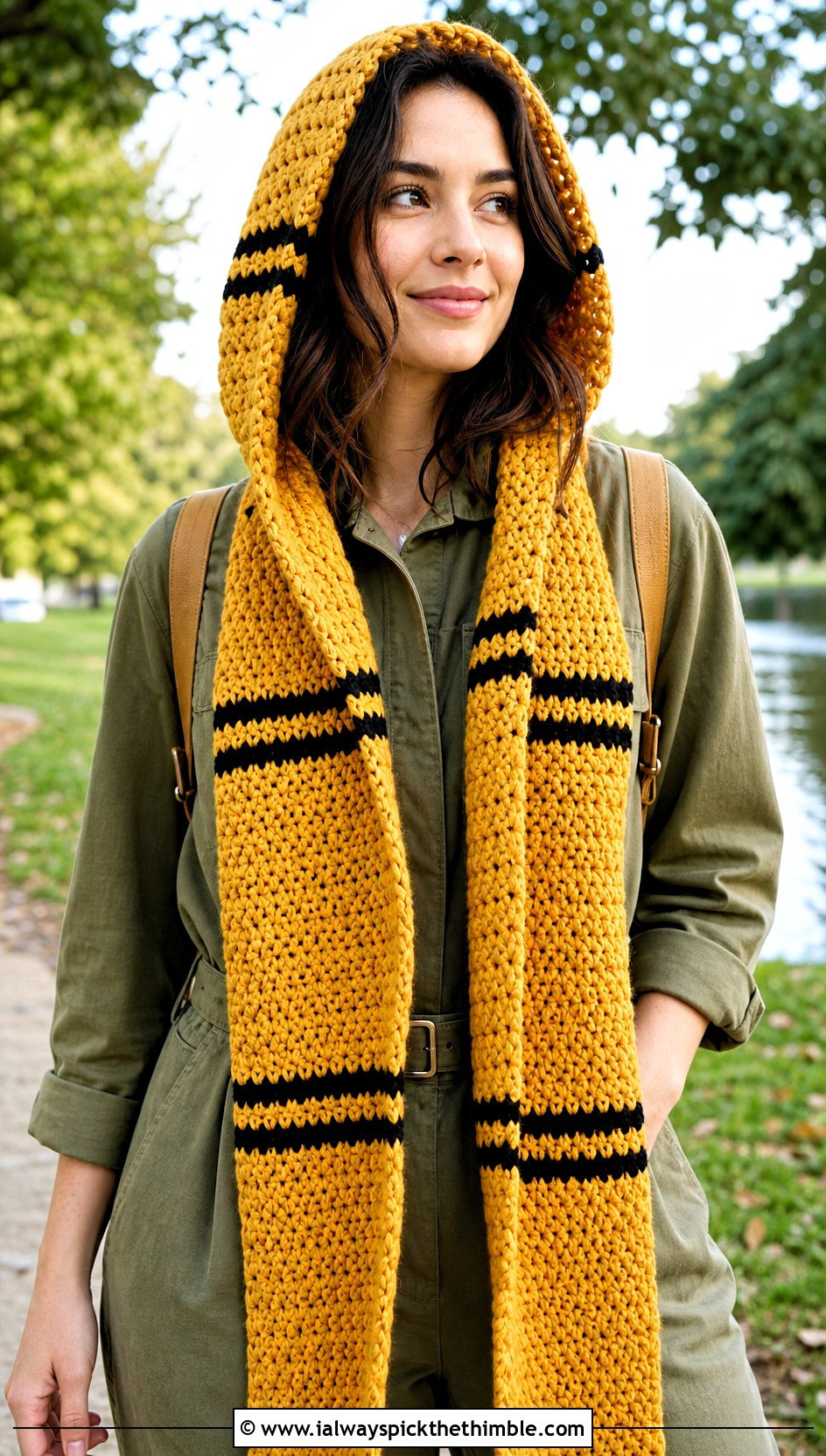 Hooded Crochet Hufflepuff Scarf With Utility Jumpsuit - 20 crochet hufflepuff scarf outfit ideas