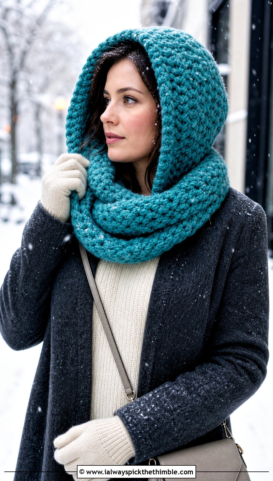 Hooded Crochet Infinity Scarf With Longline Coat - 20 crochet infinity scarves outfit ideas